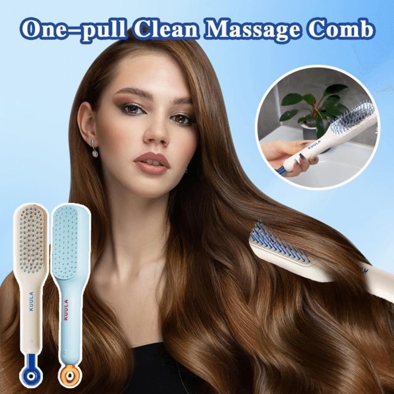 Self-Cleaning Anti-Static Massage Comb, Easy Clean Hair Brush with Retractable Bristles, One-pull Clean Massage Comb, Scalable